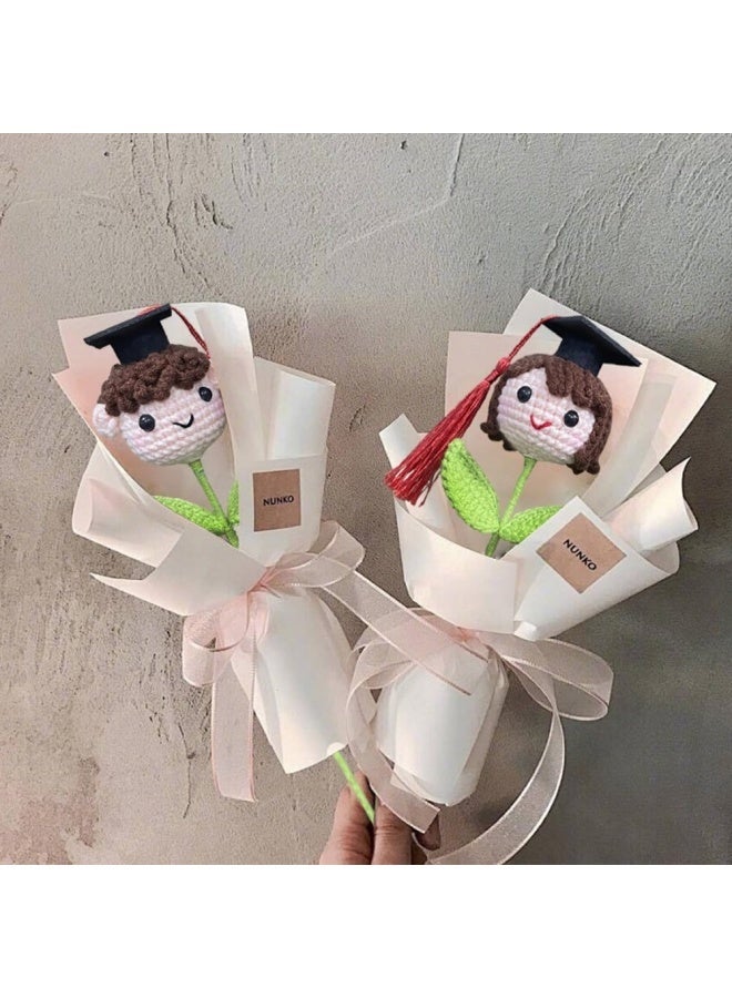 2 PCS Crochet Flower Bouquet Handmade Knitted Graduation Boy and Girls with Doctoral Hat Crochet Graduation Theme Bouquet Picks for Birthday Party Home Decor,Boys+Girls - Image 3