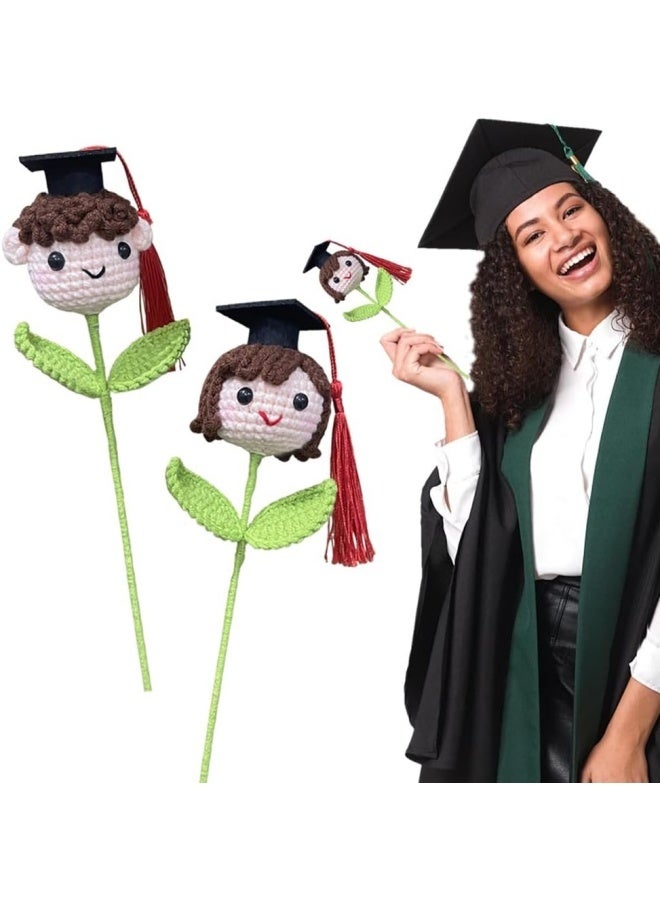 2 PCS Crochet Flower Bouquet Handmade Knitted Graduation Boy and Girls with Doctoral Hat Crochet Graduation Theme Bouquet Picks for Birthday Party Home Decor,Boys+Girls - Image 2