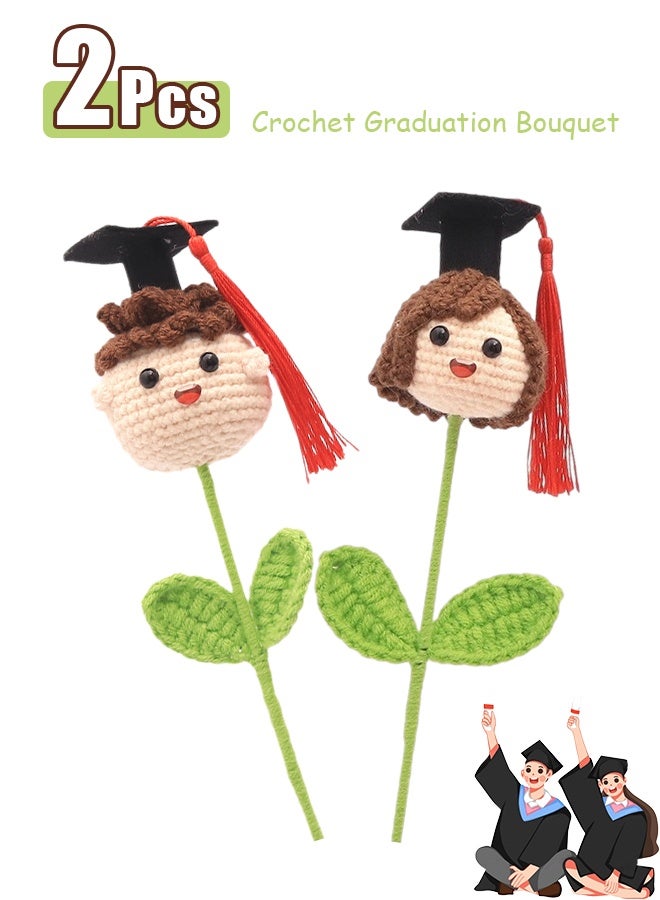 2 PCS Crochet Flower Bouquet Handmade Knitted Graduation Boy and Girls with Doctoral Hat Crochet Graduation Theme Bouquet Picks for Birthday Party Home Decor,Boys+Girls - Image 1