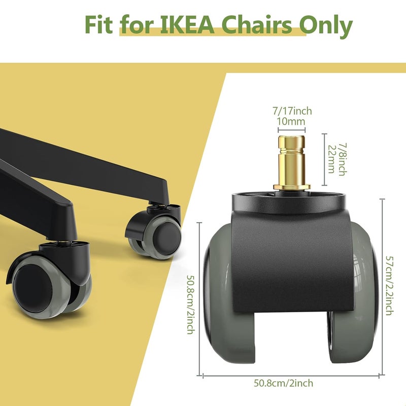 PChero Office Chair Wheels Replacement for IKEA Chairs, 10mm Stem (Set of 5), 2" Heavy Duty Swivel Polyurethane Casters for IKEA Chair Furniture Accessories, Protection for Hardwood Floors Carpet - Image 2