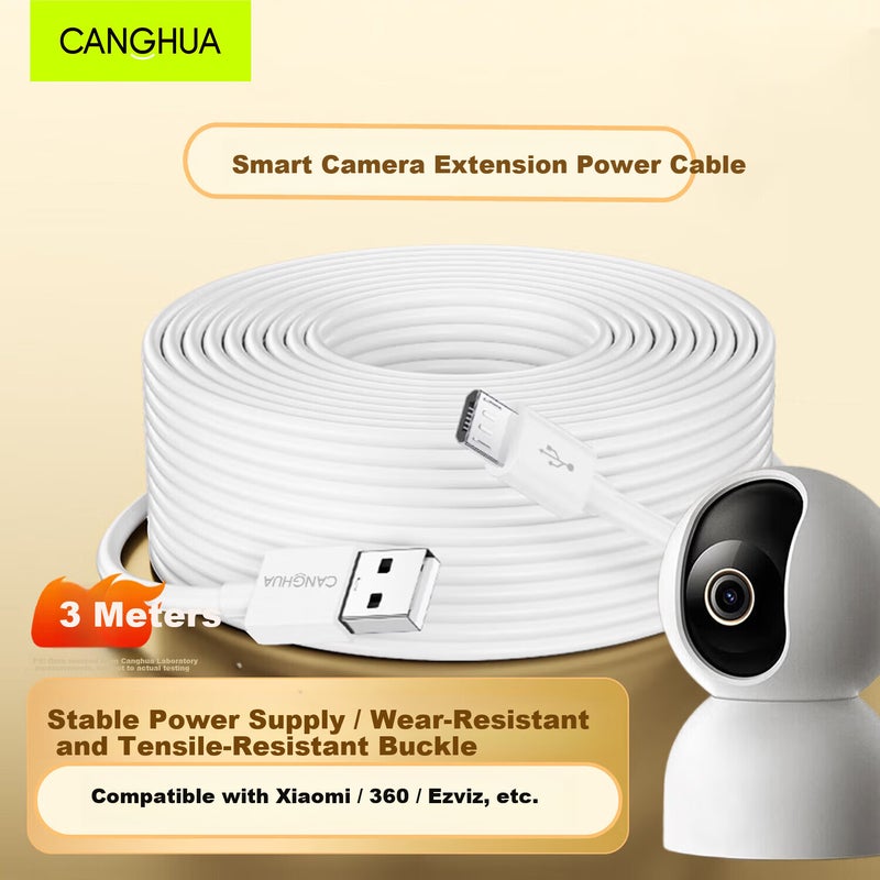 JD Jing Zao CangHua Extension Cable for Xiaomi 360, Ezviz, Huawei, Lechange, Xiaoyi, Xiaobai, TP-Link Cameras - 3M Power and Data Charging Cable for Android - Image 1