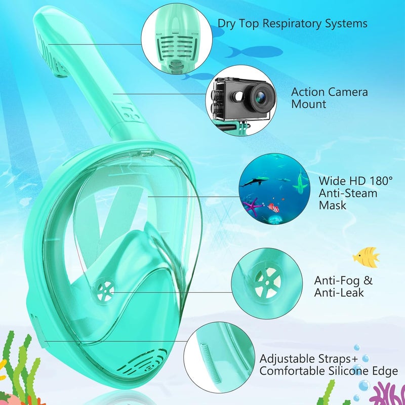 Kids Snorkel Mask Full Face, Snorkeling Gear for Kids with Camera Mount, 180 Degree Panoramic View Snorkeling Set Anti-Fog Anti-Leak - Image 2