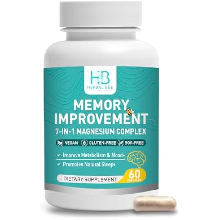 Herbal Bee 7-in-1 Magnesium Complex Capsules - High Absorption Memory, Sleep & Mood Support - Magnesium Glycinate, Malate, Taurate, Citrate and More - Vegan, Gluten-Free, Soy-Free | 60 Capsules - Image 1