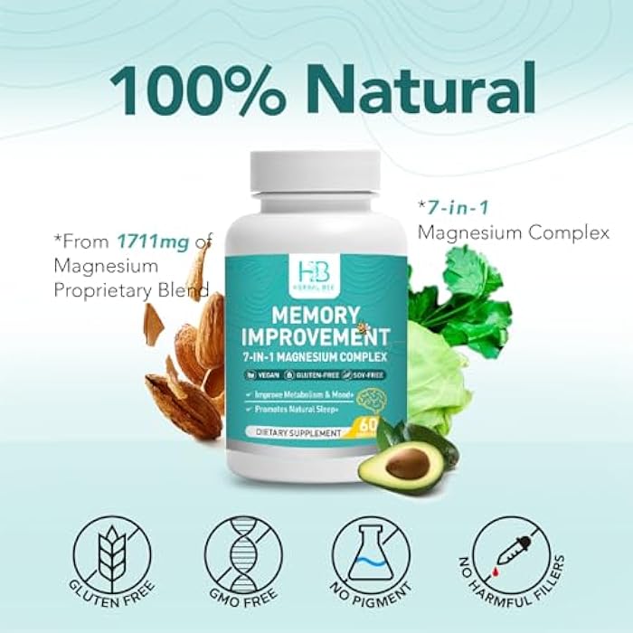 Herbal Bee 7-in-1 Magnesium Complex Capsules - High Absorption Memory, Sleep & Mood Support - Magnesium Glycinate, Malate, Taurate, Citrate and More - Vegan, Gluten-Free, Soy-Free | 60 Capsules - Image 3