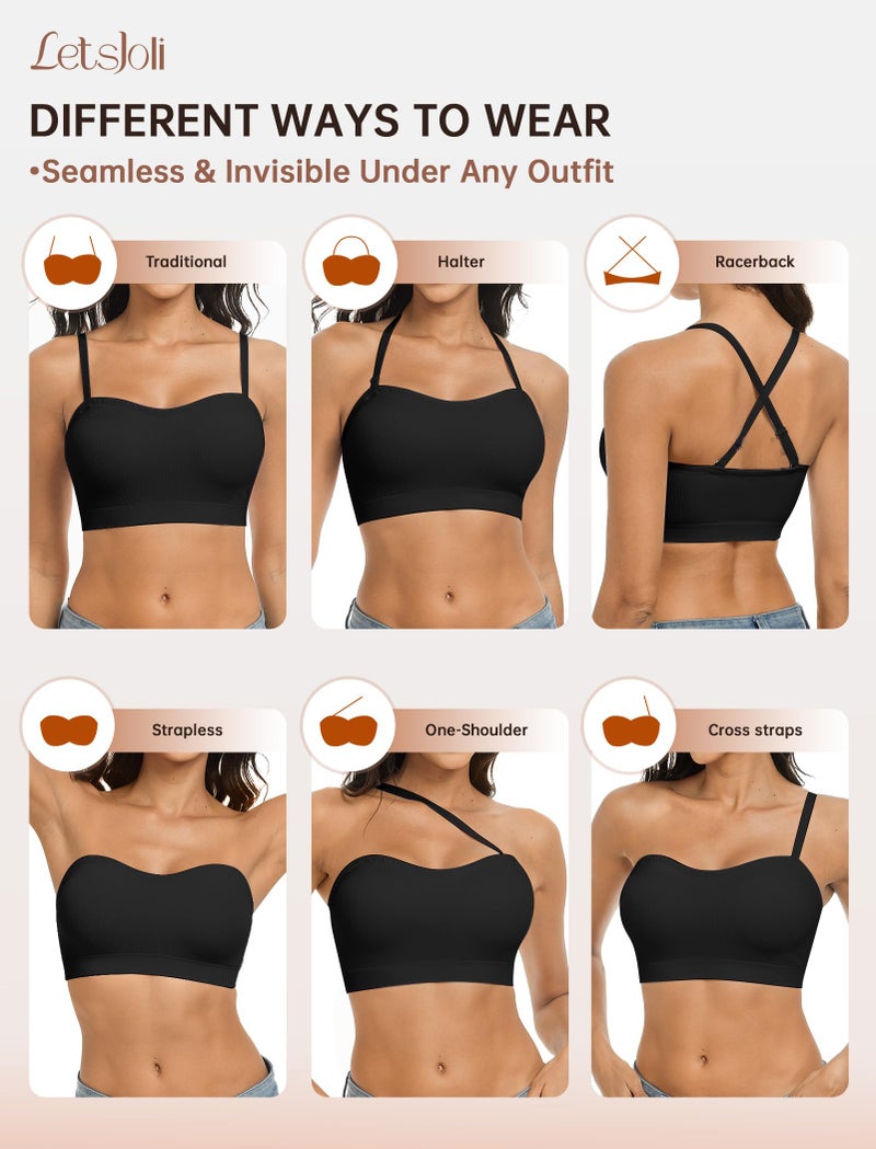 LetsJoli Strapless Push Up Bras for Women Support Bandeau Bra Wireless Seamless Comfortable Non Slip Tshirt Bras Black - Image 2