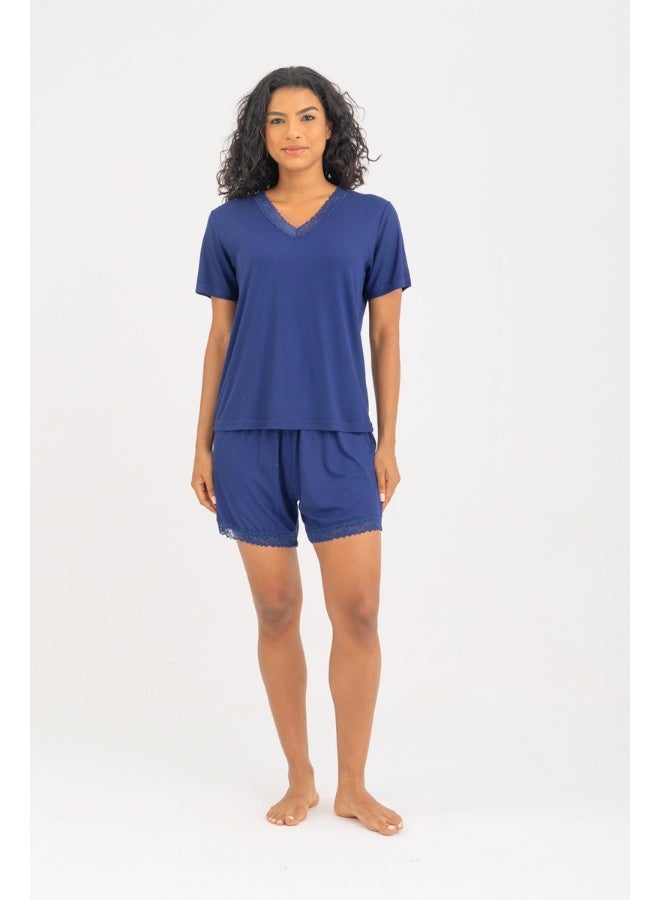 Dresscode V-neck Short Pyjama Set In Navy Blue - Image 1
