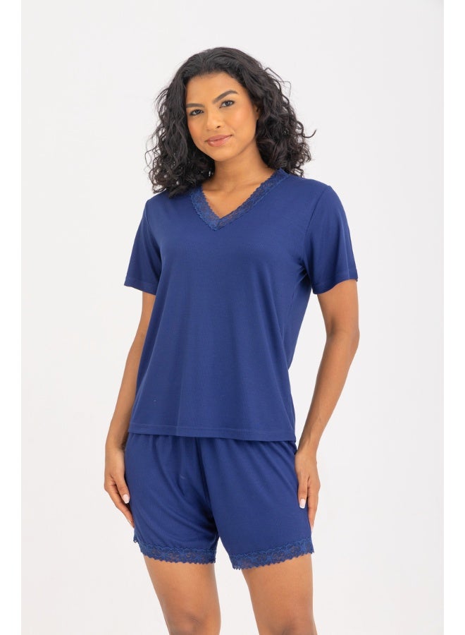 Dresscode V-neck Short Pyjama Set In Navy Blue - Image 2