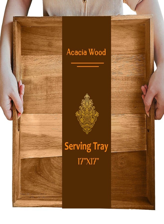 LASVIAL Large Acacia Wood Serving Tray, 17 Inch Square Ottoman Tray with Handles, Big Wood Platter for Living Room, Oversized Wooden Trays for Ottoman Decorative Food Coffee Table Party Bed Dinner Topper - Image 1