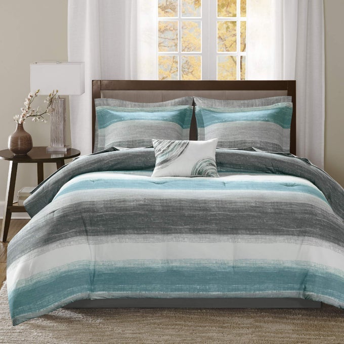 ESSENTIALS QUEEN COMFORTER SET BED IN A BAG QUEEN WATERCOLOR PRINT COASTAL COMFORTER CHAMBRAY COTTON SHEET SET ALL SEASON BEDDING SET SABEN AQUA QUEEN 90 IN X 90 IN 9 PIECE