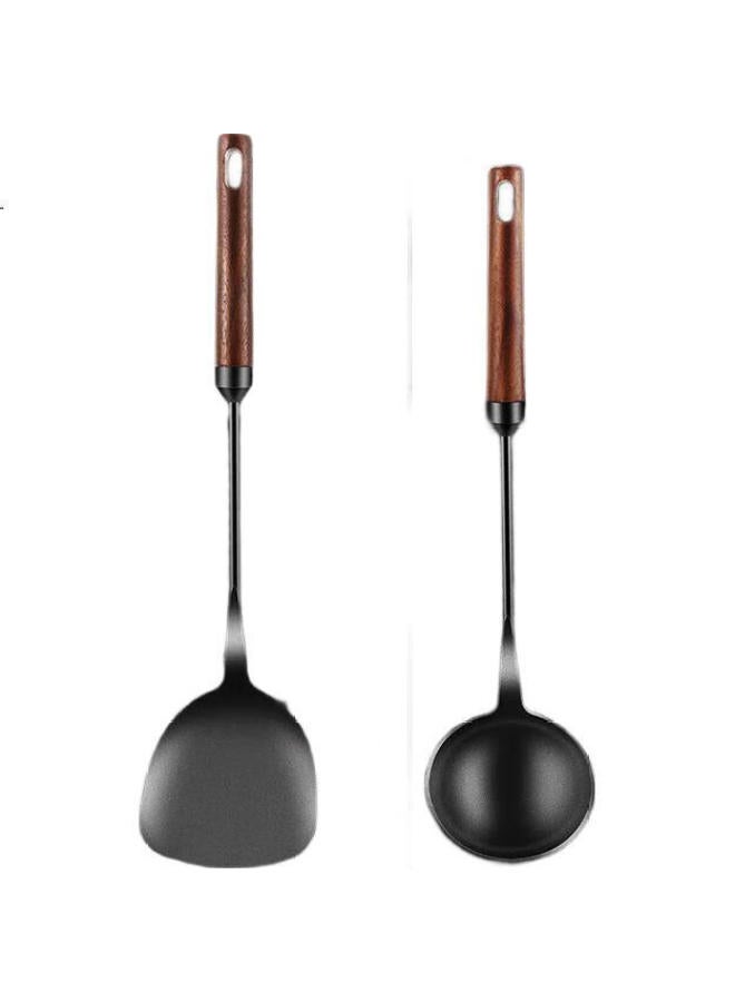Telssida Wooden Handle Iron Wok Spatula, Cooking Spatula, Spoon Set, Long-Handled Soup Ladle, Stir-Fry Ladle, Two-Piece Kitchen Utensil Set, Rust-Resistant - Image 3