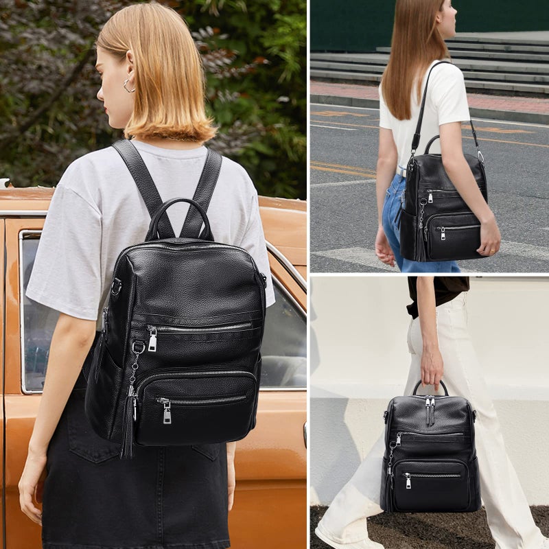 ALTOSY Genuine Leather Backpack Purse for Women Large Shoulder Bag With Laptop Compartment Multiple Pockets(S106 Black) - Image 3