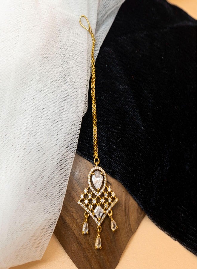 ZEELLO Gold Maang Tikka with White Cz Stones, Teardrop Design, Traditional Indian Bridal Jewellery - Image 3