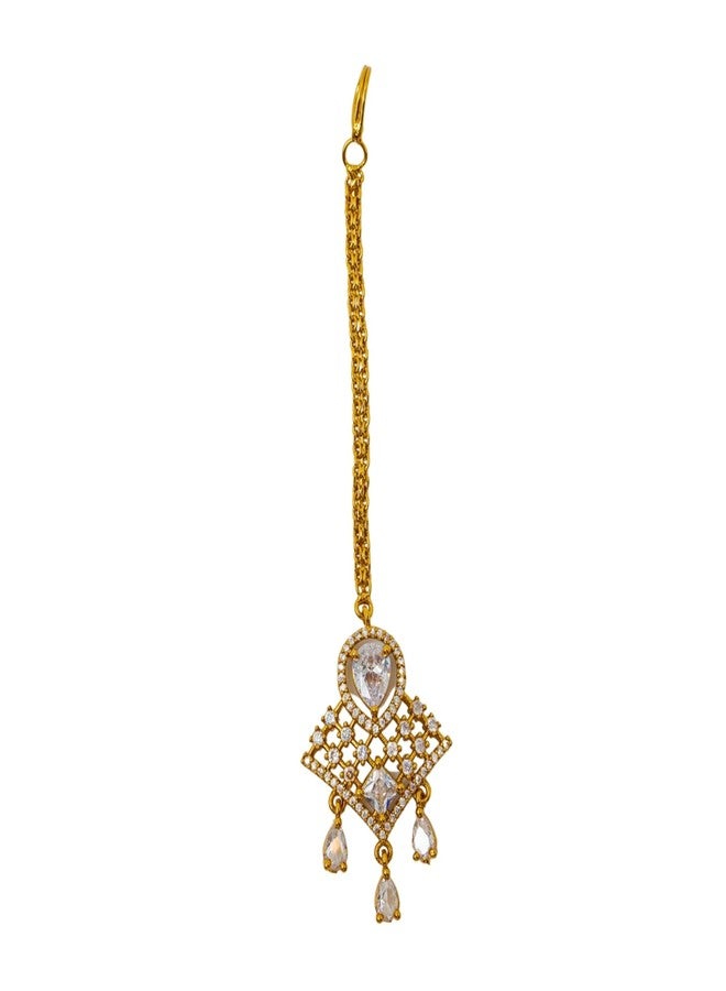 ZEELLO Gold Maang Tikka with White Cz Stones, Teardrop Design, Traditional Indian Bridal Jewellery - Image 1