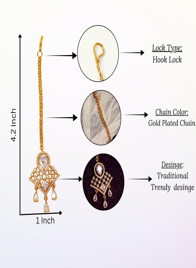 ZEELLO Gold Maang Tikka with White Cz Stones, Teardrop Design, Traditional Indian Bridal Jewellery - Image 4
