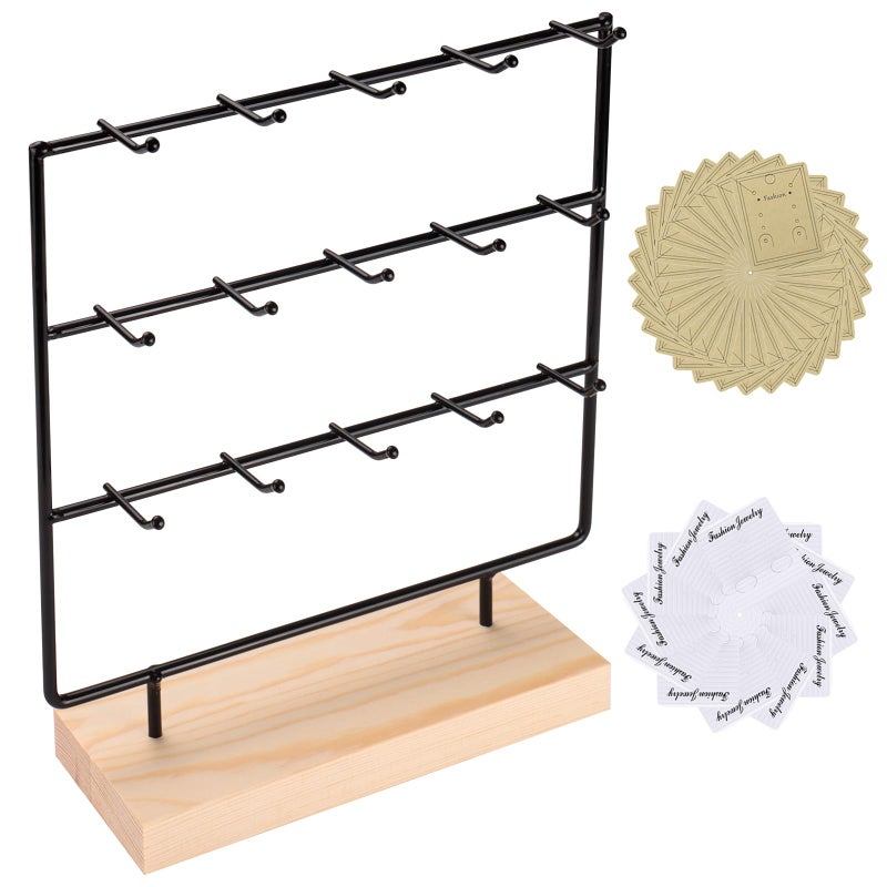 RNTBWD Earring Display Stands for Selling, 3 Tier 15 Hooks Wood Jewelry Organizer Rack for Earrings, Necklaces, Rings, Bracelets, Keychains - Compact for Countertop, Boutique, Trade Shows (Black) - Image 1