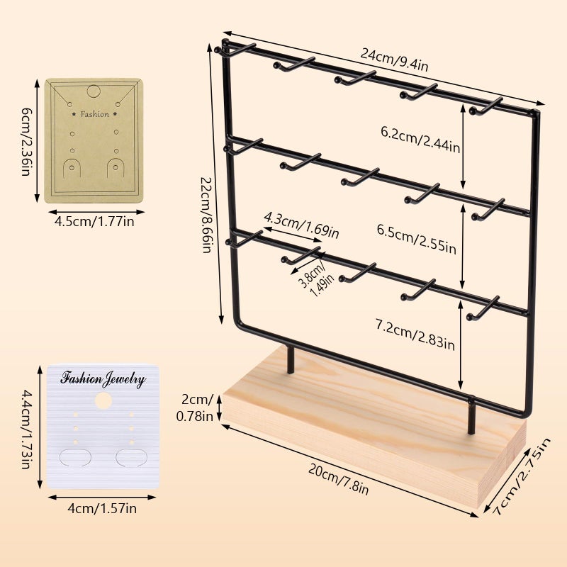 RNTBWD Earring Display Stands for Selling, 3 Tier 15 Hooks Wood Jewelry Organizer Rack for Earrings, Necklaces, Rings, Bracelets, Keychains - Compact for Countertop, Boutique, Trade Shows (Black) - Image 2
