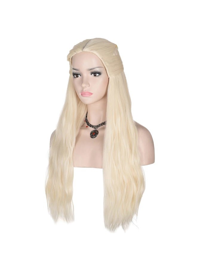 morvally Young Princes Costume Wig for Women with Necklace and Earrings Long Blonde Braided Middle Part Synthetic Wig for Cosplay Halloween Party (Blonde Style 2) - Image 3