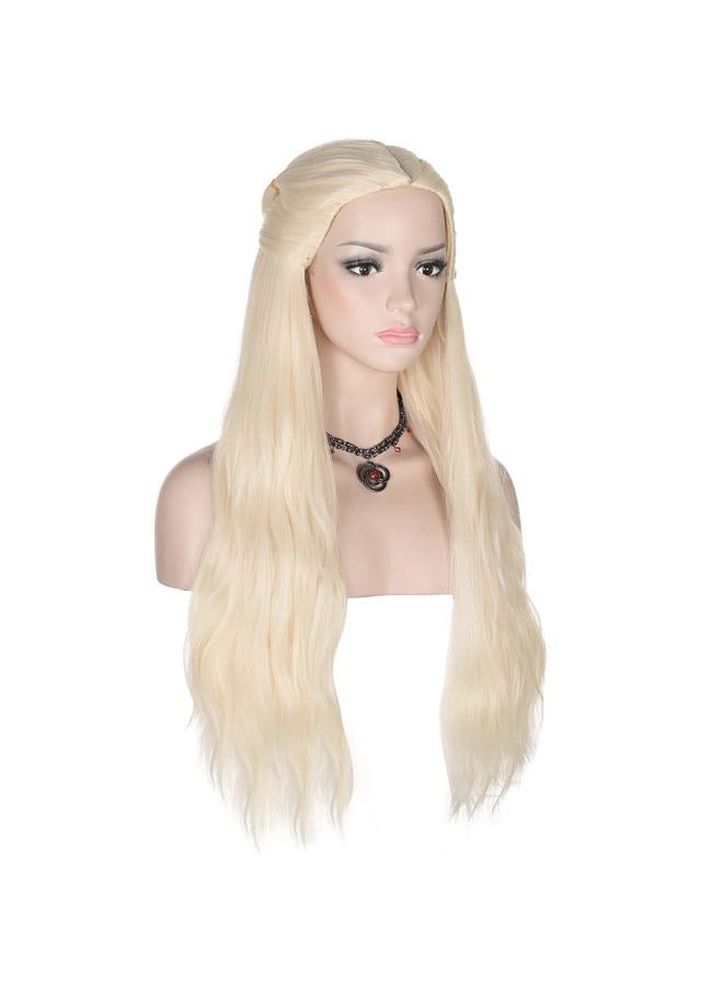 morvally Young Princes Costume Wig for Women with Necklace and Earrings Long Blonde Braided Middle Part Synthetic Wig for Cosplay Halloween Party (Blonde Style 2) - Image 2