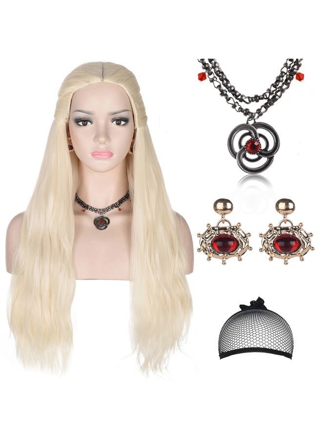 morvally Young Princes Costume Wig for Women with Necklace and Earrings Long Blonde Braided Middle Part Synthetic Wig for Cosplay Halloween Party (Blonde Style 2) - Image 1