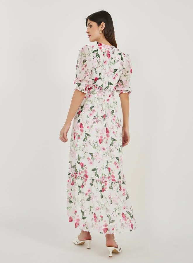 Styli Styli All Over Floral Print Puff Sleeves A-line Maxi Dress