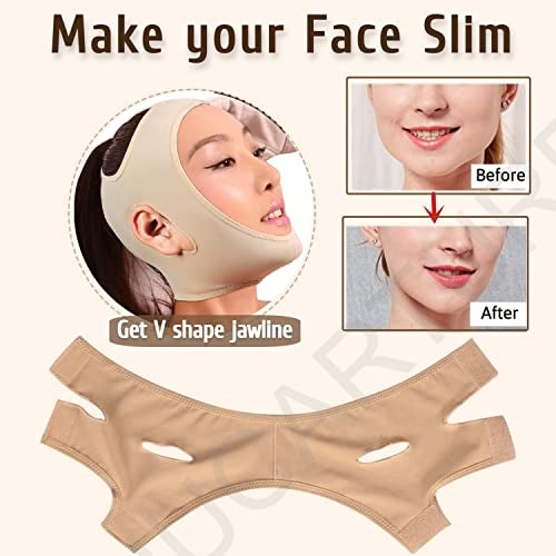 NUCARTURE Face Slimming Belt, Double chin fat reducer cheek slimmer and change face shaper wrinkle remover elastic strap, V Shape facial belt for women and men (M, Beige),1 count - Image 2
