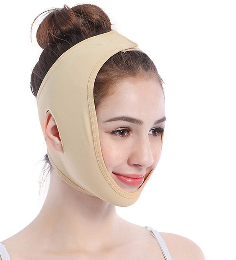 NUCARTURE Face Slimming Belt, Double chin fat reducer cheek slimmer and change face shaper wrinkle remover elastic strap, V Shape facial belt for women and men (M, Beige),1 count - Image 1