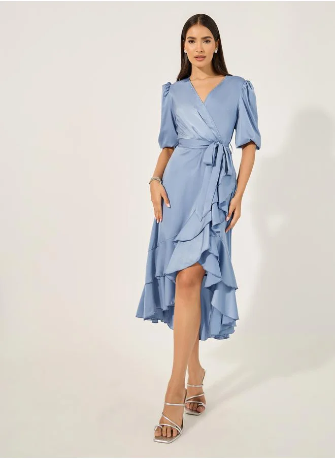 ستايلي Satin Ruffled Detail Puff Sleeve Wrap Midi Dress
