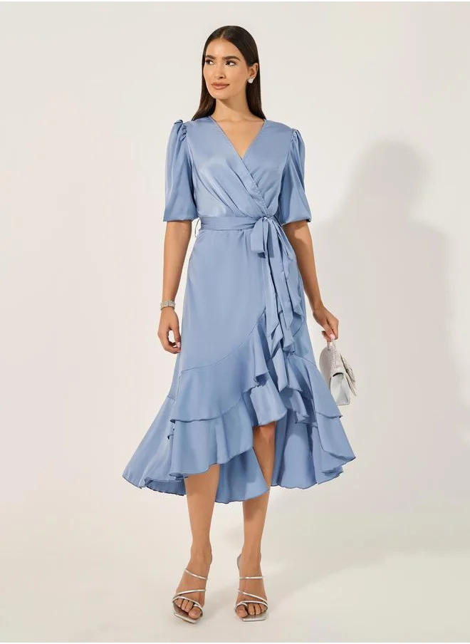 ستايلي Satin Ruffled Detail Puff Sleeve Wrap Midi Dress