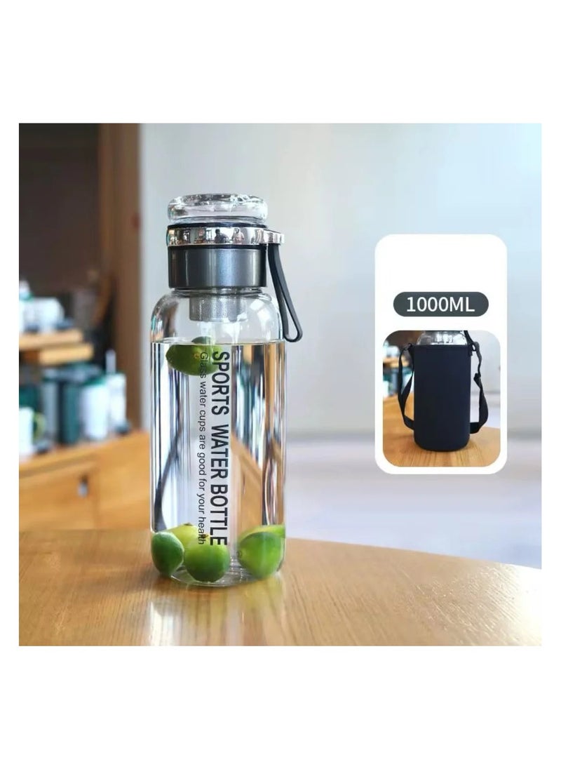 Generic - Borosilicate Glass Water Bottle 1Litre With Filter Tea Infuser and Protective Sleeve -Imported - Image 1
