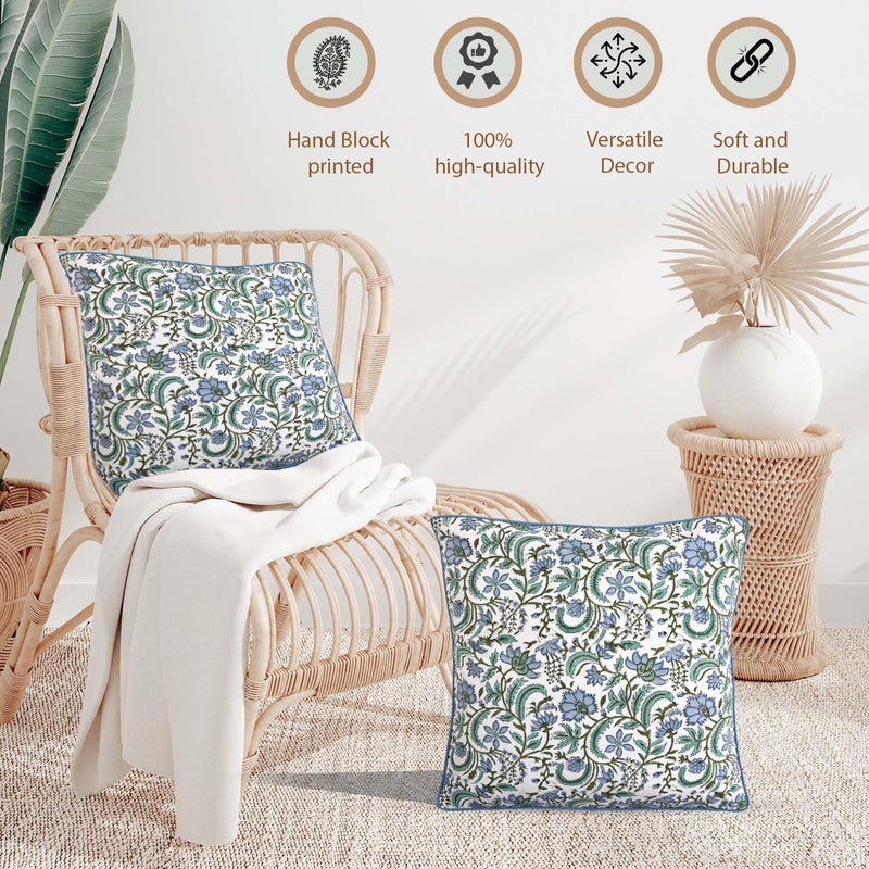 Ridhi Block Print Columbia Blue Pillow Cover 24" x 24" (Pack of 2) Decorative Couch Pillows for Living Room, Chic Boho Cute Outdoor Pillows Covers Gifts for Spring, Easter and Valentine - Image 3