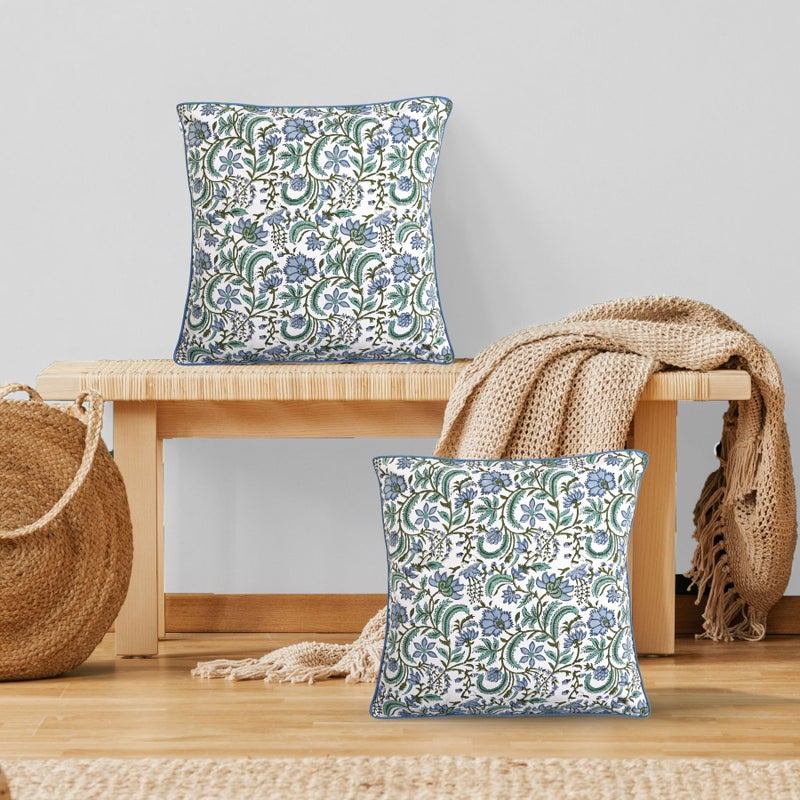 Ridhi Block Print Columbia Blue Pillow Cover 24" x 24" (Pack of 2) Decorative Couch Pillows for Living Room, Chic Boho Cute Outdoor Pillows Covers Gifts for Spring, Easter and Valentine - Image 1