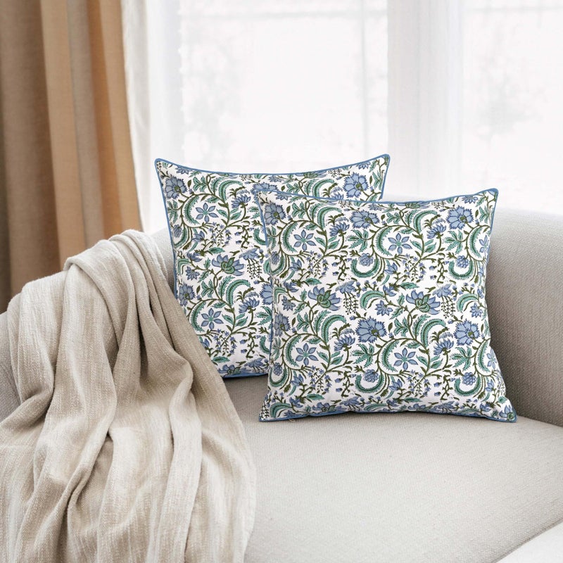 Ridhi Block Print Columbia Blue Pillow Cover 24" x 24" (Pack of 2) Decorative Couch Pillows for Living Room, Chic Boho Cute Outdoor Pillows Covers Gifts for Spring, Easter and Valentine - Image 2