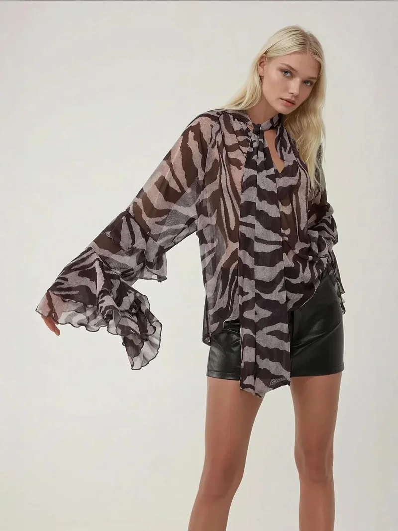 HICCUP Zebra Print Ruffle Detail Blouse