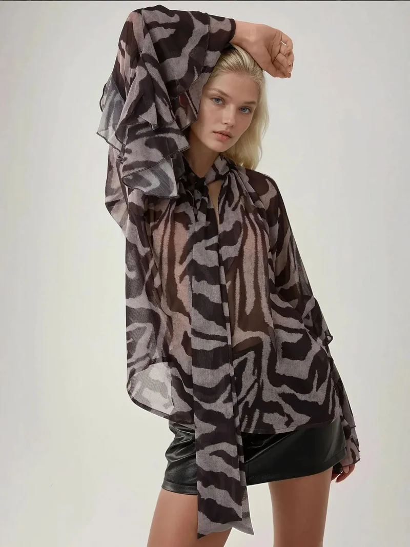 HICCUP Zebra Print Ruffle Detail Blouse