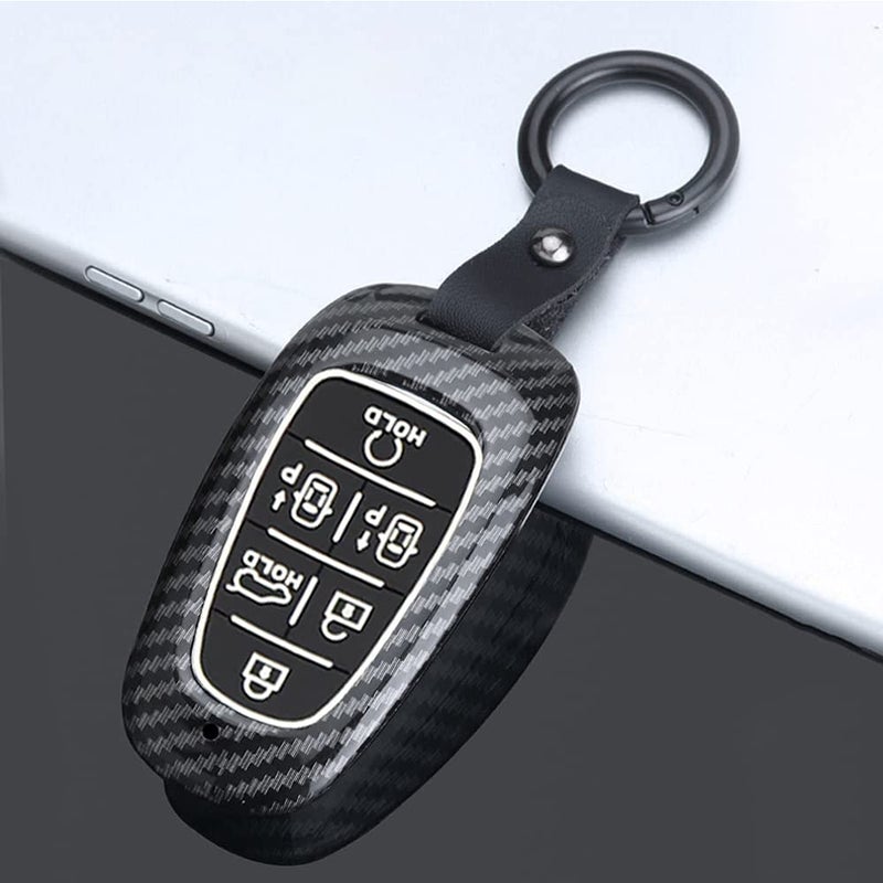 ontto ABS Car Key Case Fits Hyundai Nexo NX4 Sonata DN8 Grand Santa Fe Tucson Grandeur Azera Solaris 2020-2022 Key Cover Key Case 6 Button Carbon Fibre Black