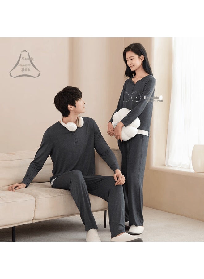 Agentmuse Bare-feel Sleepwear Set For Women With Chest Pad, Tencel Modal Ultra-soft Long Sleeve Top And Long Pants, Night Black, Size L