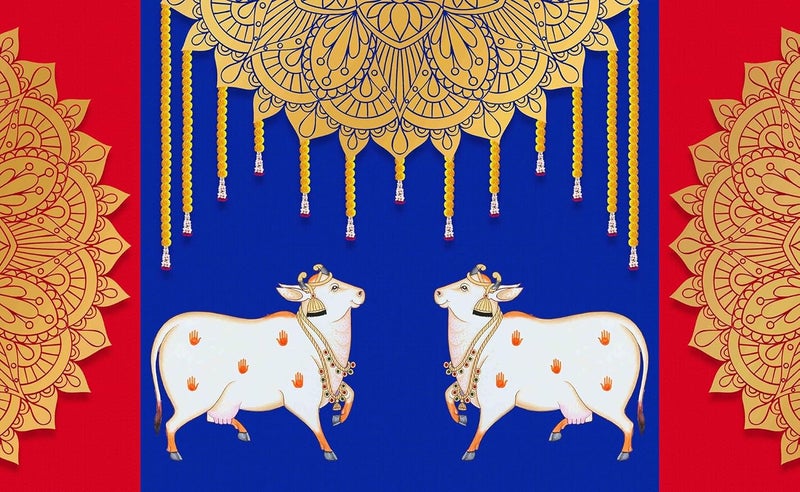 DHARA CREATION Dhara Blue Red Cow Dhenu Backdrop Cloth for Pooja 8ft x 5ft Traditional Indian Poojas Weddings and Festivals Washable Fabric - Image 1