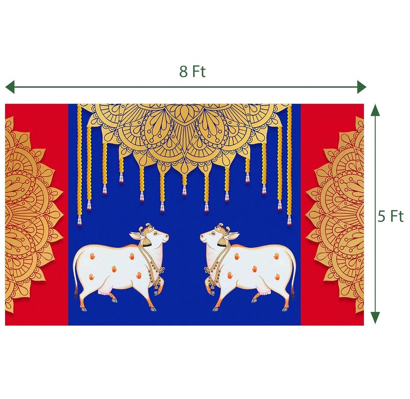 DHARA CREATION Dhara Blue Red Cow Dhenu Backdrop Cloth for Pooja 8ft x 5ft Traditional Indian Poojas Weddings and Festivals Washable Fabric - Image 2