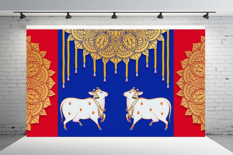 DHARA CREATION Dhara Blue Red Cow Dhenu Backdrop Cloth for Pooja 8ft x 5ft Traditional Indian Poojas Weddings and Festivals Washable Fabric - Image 4