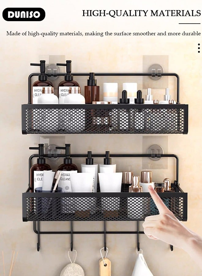 DUNISO 2 Pack Large Capacity Shower Caddy, Hollow Design Adhesive Bathroom Corner Caddy, Bathroom Organizer, Rustproof Shower Organizer with Hooks for Bathroom Storage, Wall Mounted Shower Shelf for Bathroom, Dorm, Toilet, Kitchen  - Image 2