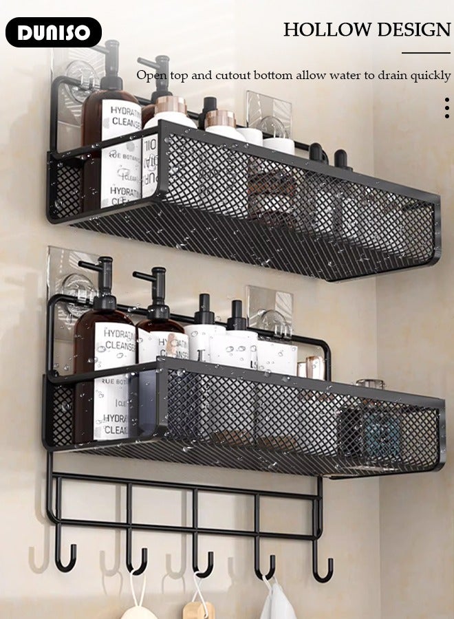 DUNISO 2 Pack Large Capacity Shower Caddy, Hollow Design Adhesive Bathroom Corner Caddy, Bathroom Organizer, Rustproof Shower Organizer with Hooks for Bathroom Storage, Wall Mounted Shower Shelf for Bathroom, Dorm, Toilet, Kitchen  - Image 3