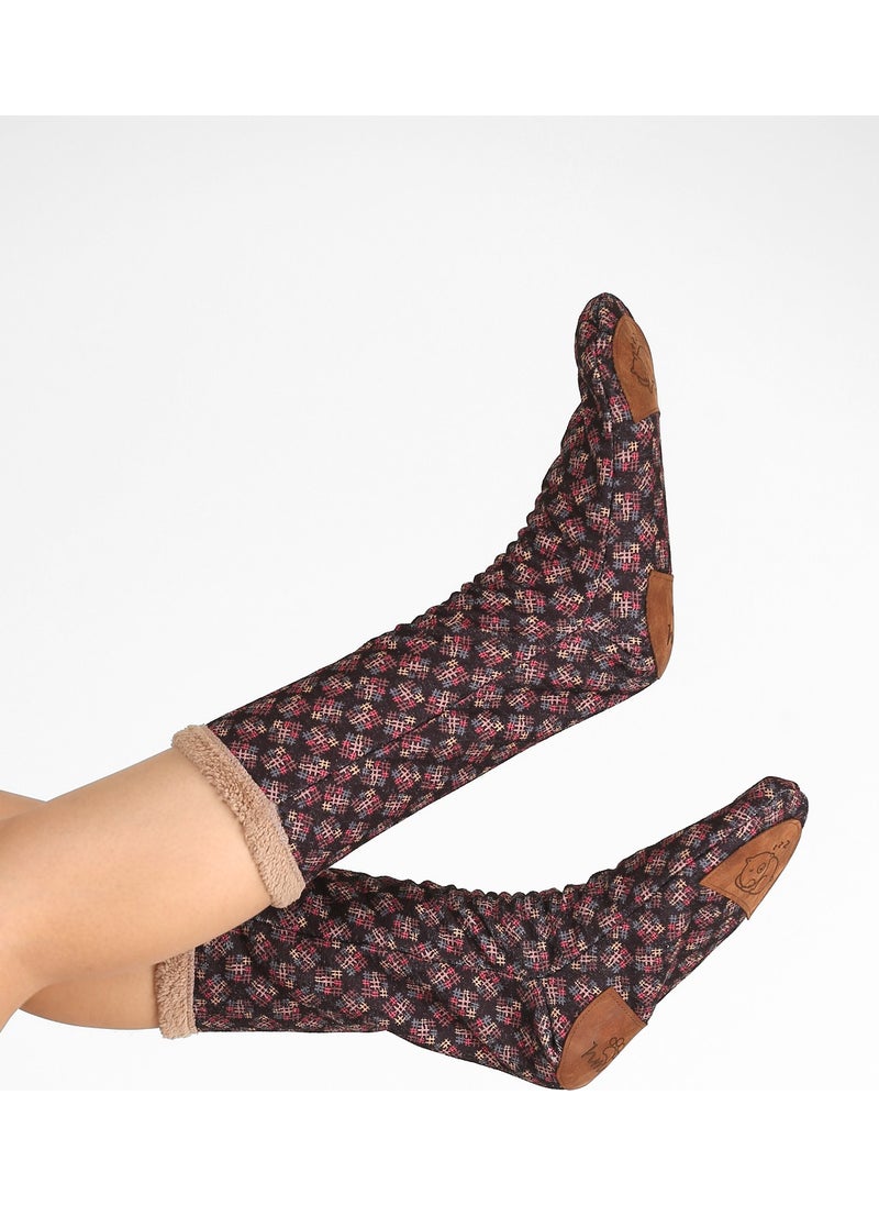Hamur Dough Women's Colorful Patterned Winter Socks Anti-Slip Booties CRP-041 Sharp Beige Wellsoft  - Image 1