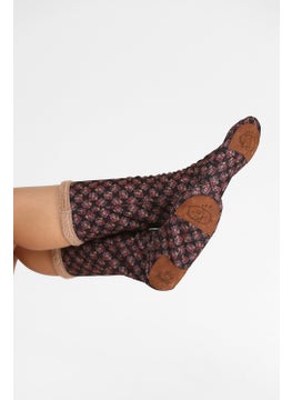 Hamur Dough Women's Colorful Patterned Winter Socks Anti-Slip Booties CRP-041 Sharp Beige Wellsoft  - Image 2