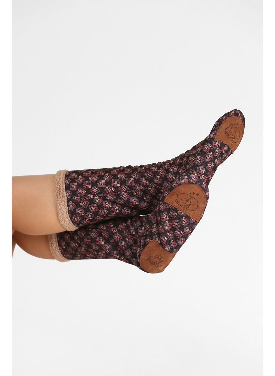 Hamur Dough Women's Colorful Patterned Winter Socks Anti-Slip Booties CRP-041 Sharp Beige Wellsoft  - Image 2
