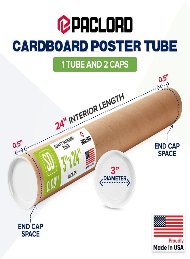 Paclord 3" x 24" Reinforced Kraft Paper Mailing Tube, Pack of 1 Tube with 2 Caps – Secure USPS Approved Poster Tube – Cardboard Tube for Shipping and Storing Posters, Prints, Artwork, or Documents - Image 2