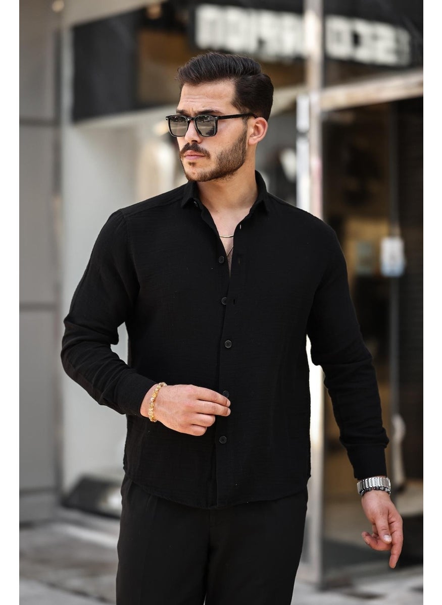 Muslin Fabric Collar Long Sleeve Shirt - Black - pzsku/Z44B58B0D9740A27B711AZ/45/_/1725614182/9cdda88b-7404-47fb-ac33-ee8fc813f7aa