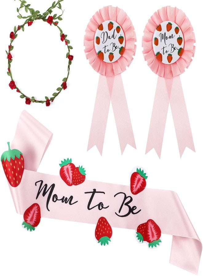 Xinnun 4 Pieces Berry Sweet Baby Shower Decorations Mom to Be Strawberry Sash for Mom and Dad Corsage Pin with Flowers Crown Strawberry Baby Shower Favors Gender Reveal Gift - Image 1