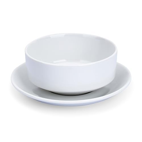 TAGROCK Plain White Ceramic Soup Bowl and Saucers Set with Soup Spoon Microwave Dishwasher Safe Ideal for Home Restaurant Cafe Hotels - 140ml, Set of 2 - Image 1