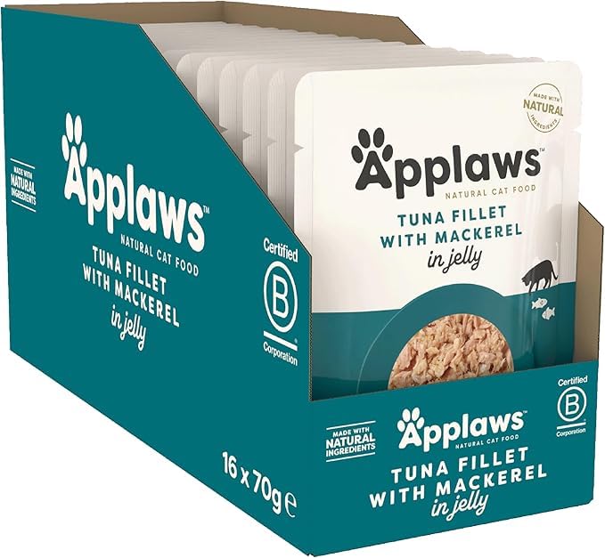 Applaws Natural Premium Wet Cat Food for Adult Cats, Tuna Whole Meat with Mackerel in Tasty Jelly Pack of 16 x 70g Pouches - Image 1