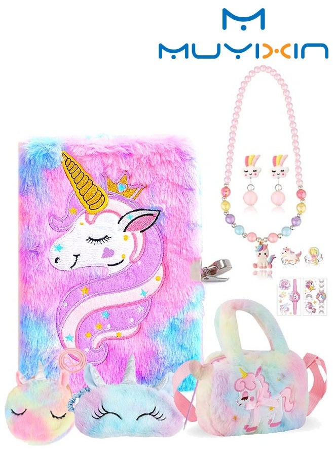 Muyixin Kids Unicorns Kit Girls Kids Toys Plush Stationery Diary with Lock and Key, Tie-Dye Unicorn Purse for Girls Ages 6 And Up, Jewelry Set Pretend Play Accessories for Teen Girl Birthday Unicorn Toy  - Image 1